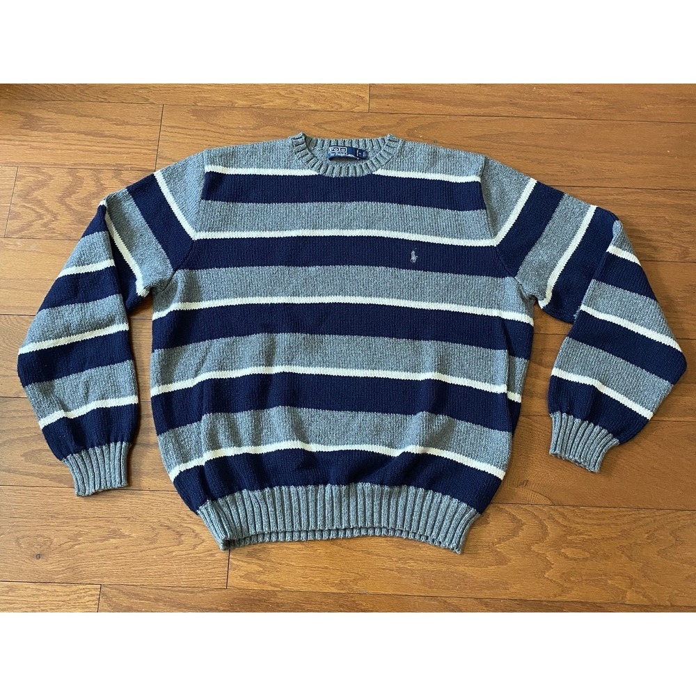 Vintage Polo Ralph Lauren Sweater! Cotton Stripes Gray Blue White Vtg XXL 2XL